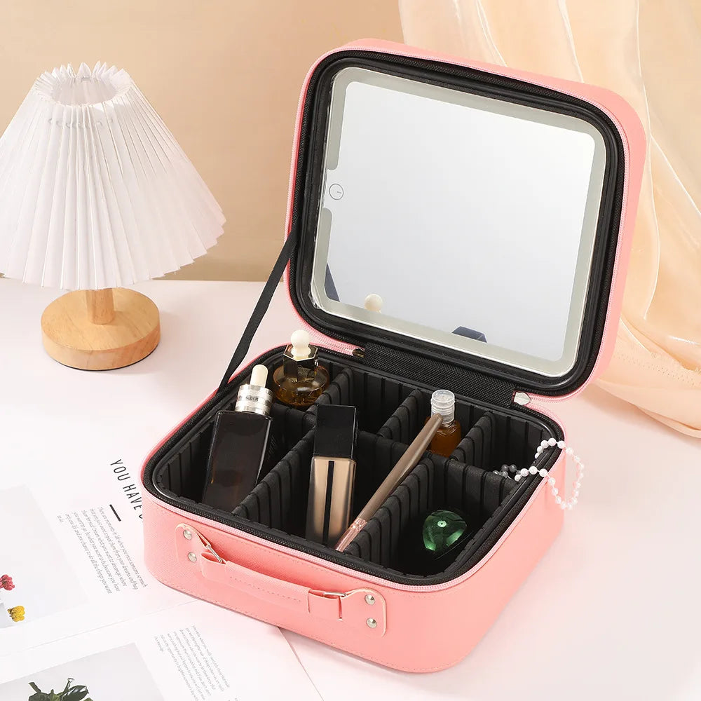 LED Light Leather Makeup Bag Portable Travel Large Capacity Toiletry Bag for Women with Mirror Urban Simple Style Pure Color