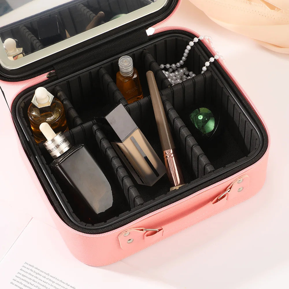 LED Light Leather Makeup Bag Portable Travel Large Capacity Toiletry Bag for Women with Mirror Urban Simple Style Pure Color