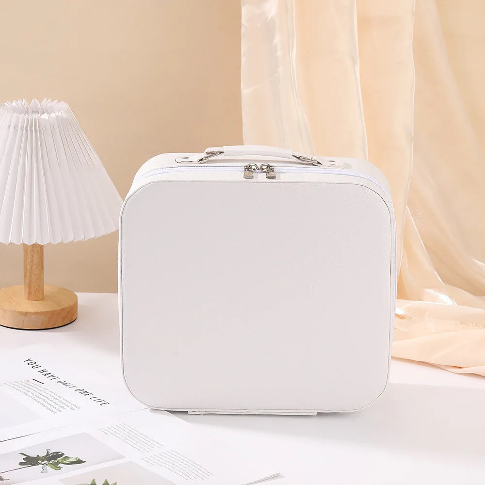 LED Light Leather Makeup Bag Portable Travel Large Capacity Toiletry Bag for Women with Mirror Urban Simple Style Pure Color