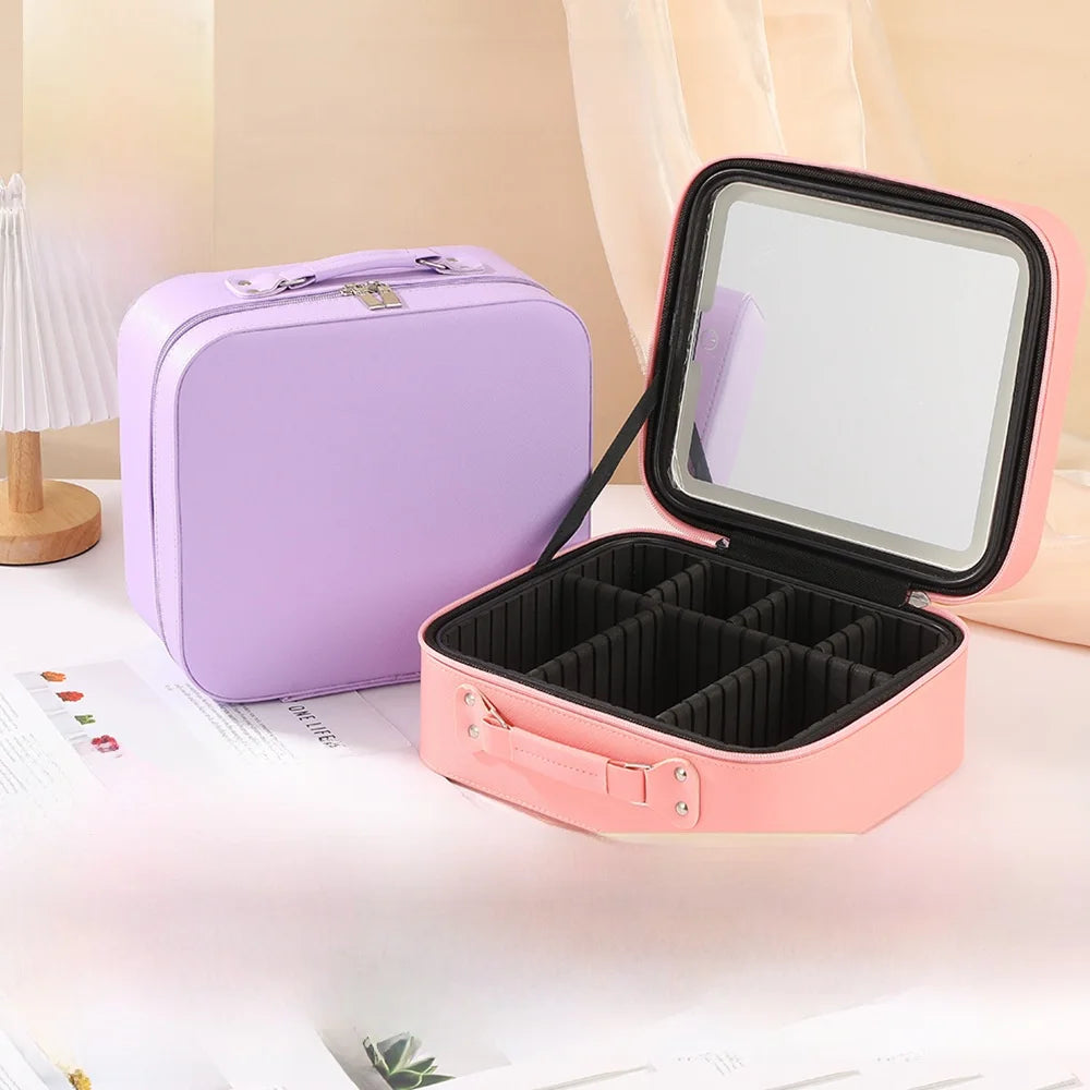 LED Light Leather Makeup Bag Portable Travel Large Capacity Toiletry Bag for Women with Mirror Urban Simple Style Pure Color