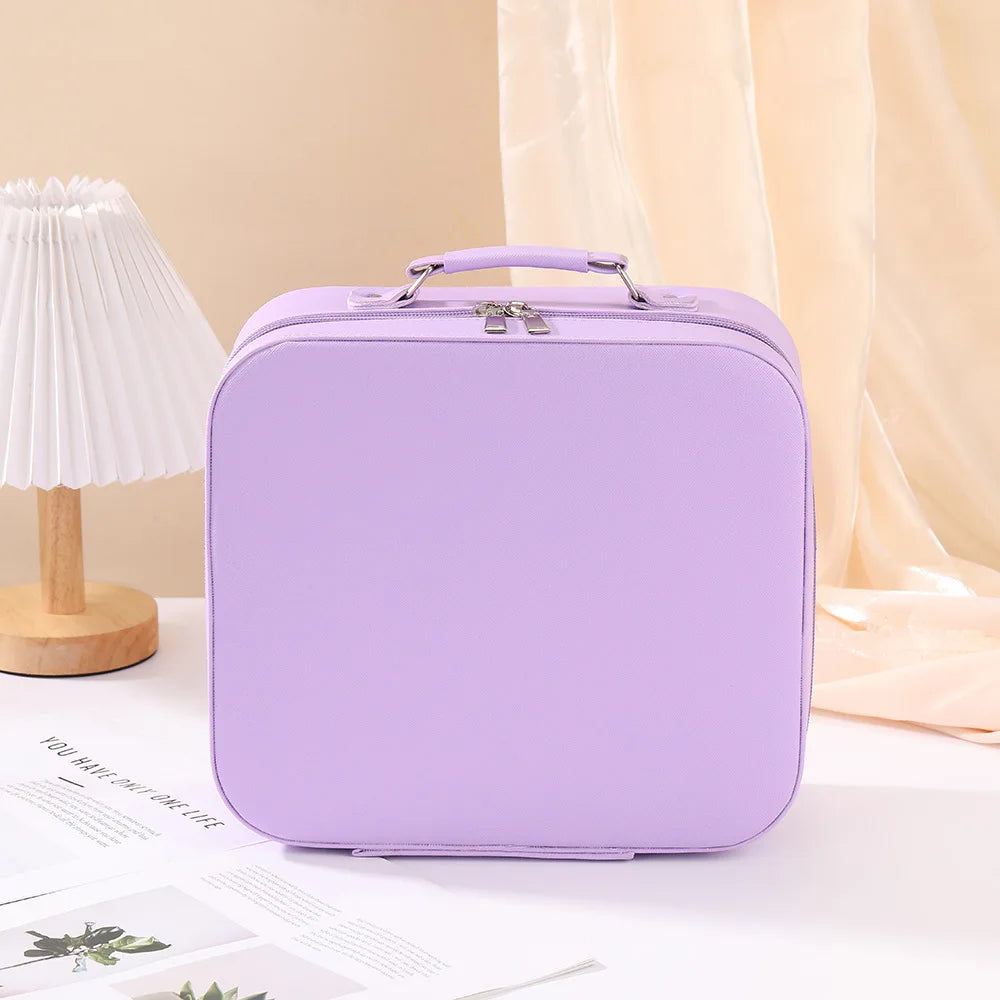 LED Light Leather Makeup Bag Portable Travel Large Capacity Toiletry Bag for Women with Mirror Urban Simple Style Pure Color